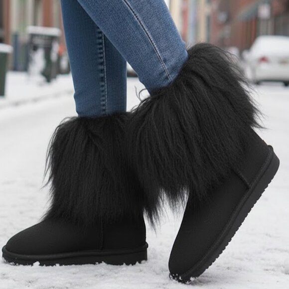 Bearpaw Boo Black Shearling Wool Line Curly Lamb Fur Mongolian Sherpa Boots 7 - Picture 1 of 9